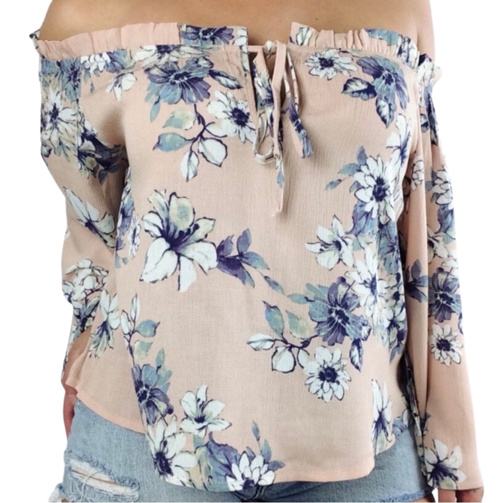 blush off the shoulder flower top - Picture 2 of 4